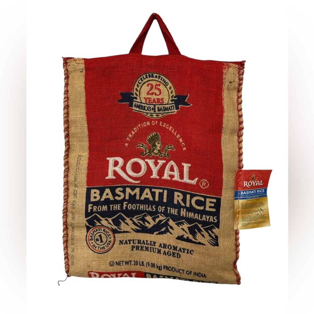 Royal Basmati Rice Burlap Tote Bag With Handles and Zipper Reusable 15x18
